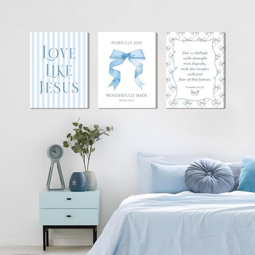 Blue Bow Jesus Wall Art - Inspirational Bible Verse Canvas Print | 12x16 Inch Framed Decor for Dorm Room