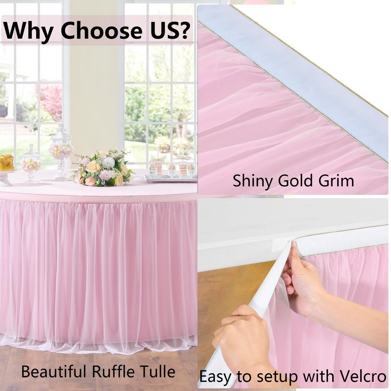 132in Baby Pink Tulle Table Skirts for Rectangle Tables 6ft 8ft, 2-Layer 11 ft Long Gold Grim Princess Pink Ruffle Tulle Tutu Table Skirt Cloth for Girl Birthday Baby Cake Dessert(No Table Cover)