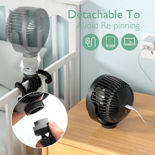 Momcozy Portable Stroller Fan - 8000mAh Battery | 27H Runtime | 4-Speed 360° Rotation | USB Rechargeable Night Light