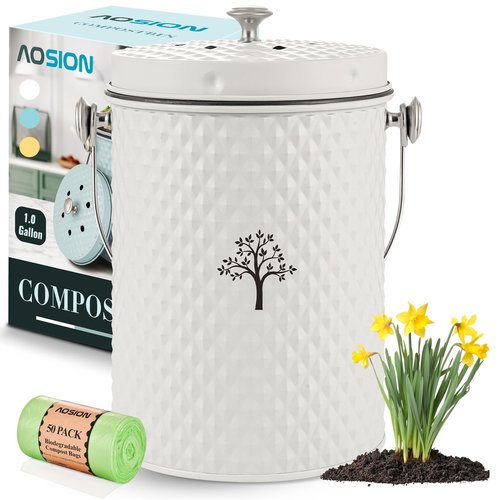 AOSION Countertop Compost Bin Kitchen,Odorless Indoor Compost Bin with Lid and Compost Bags,Compost Bucket Composter Container for Food Waste,Creamy White