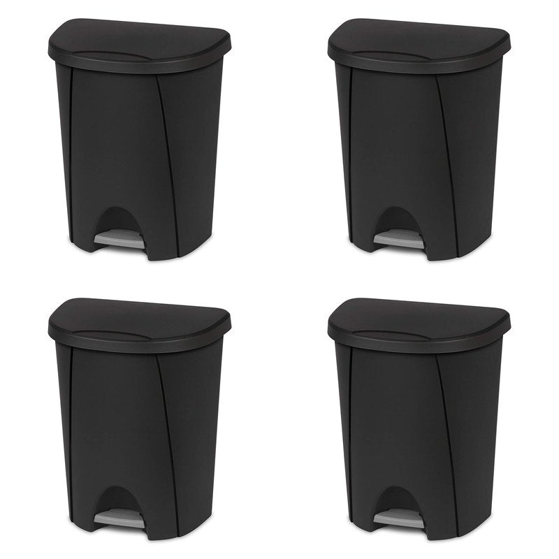 Sterilite 6.6 Gallon StepOn Wastebasket with Lid, Medium Sized Plastic Trash Can for the Kitchen, Bathroom, or Mudroom, Pedal, Black, 4-Pack