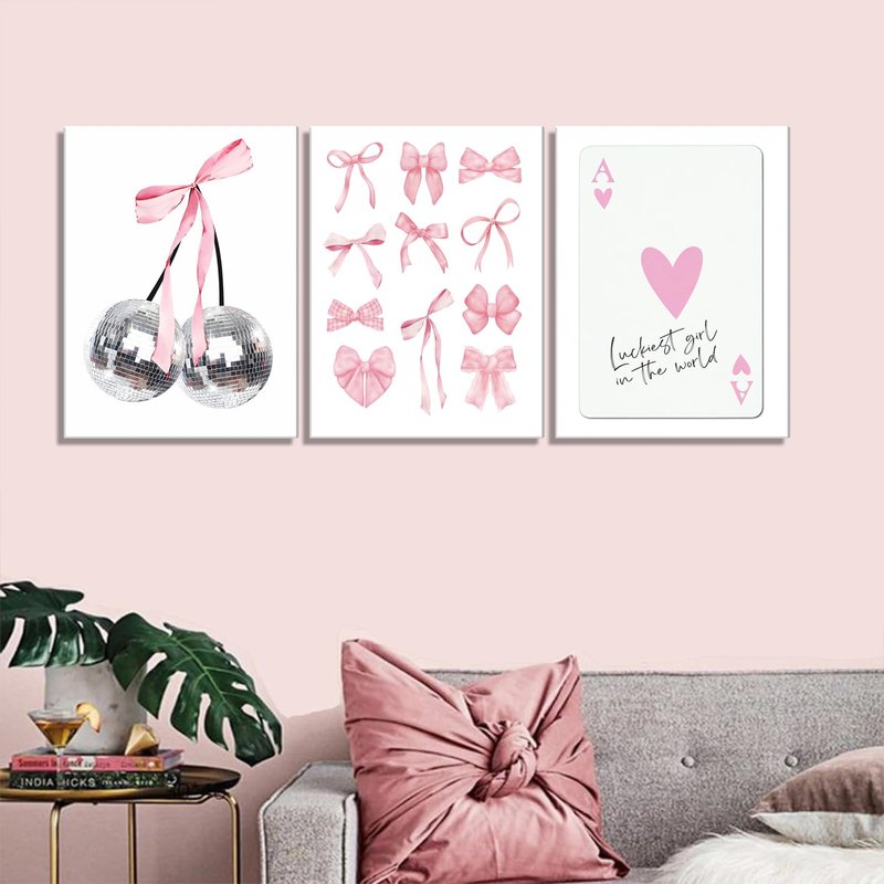 Pink Bows Wall Art Set of 3, Preppy Coquette Wall Decor, Trendy Disco Ball and Lucky Card Poster Canvas Prints for Teen Girl Apartment Bedroom Living Room Aesthetic 16x24 inch Framed
