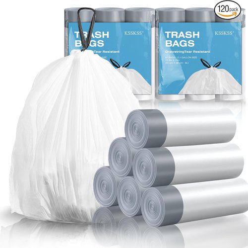 KSSKSS Mini Drawstring Trash Bags - 120 Counts, 1.6 Gallon, White Bin Liners for Home & Office