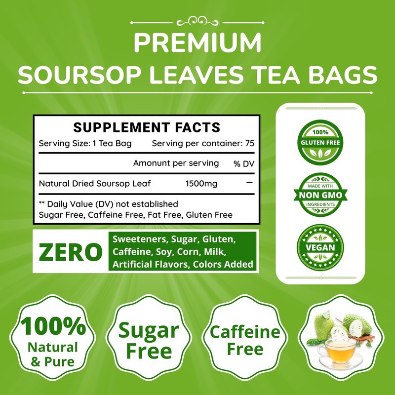 VIDA FARM 75 Soursop Tea Bags, 100% Natural Soursop Leaves Tea Bags, Pleasant Taste, Natural Flavor, Caffeine Free, Dried Graviola Leaves Tea, Guanabana Herbal Tea