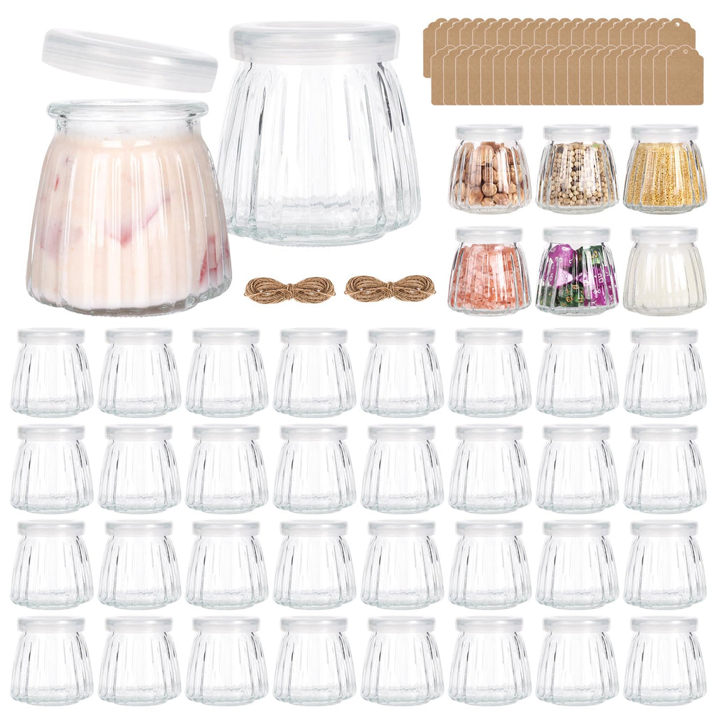 CAKKVDE 40 Pack 4 oz Mini Glass Jars with PE Lids - Small Yogurt/Pudding Containers for Wedding Favors, Honey, Spices & DIY Crafts (Includes Labels & String)