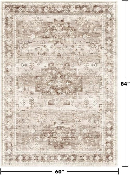 Hazo Haus Washable Area Rug - Non-Slip Boho Vintage Floral Design | 5x7 Beige/Latte for Bedroom & Living Room