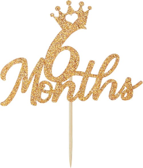 Gold Glittery Cake Topper - Perfect for Baby's 6-Month Birthday Celebration | Half Year Anniversary Decor