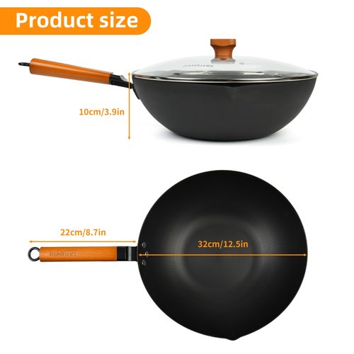 ITSMILLERS 12.5-Inch Carbon Steel Wok with Lid – Pre-Seasoned Flat Bottom Stir-Fry Pan, Nonstick Wok for Induction, Gas, Electric & All Stovetops – Chinese Wok with Glass Lid