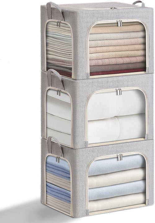 Combocube Clothes Storage Bins - Stackable & Foldable with Zippered Openings | Linen Fabric, 3 Pack