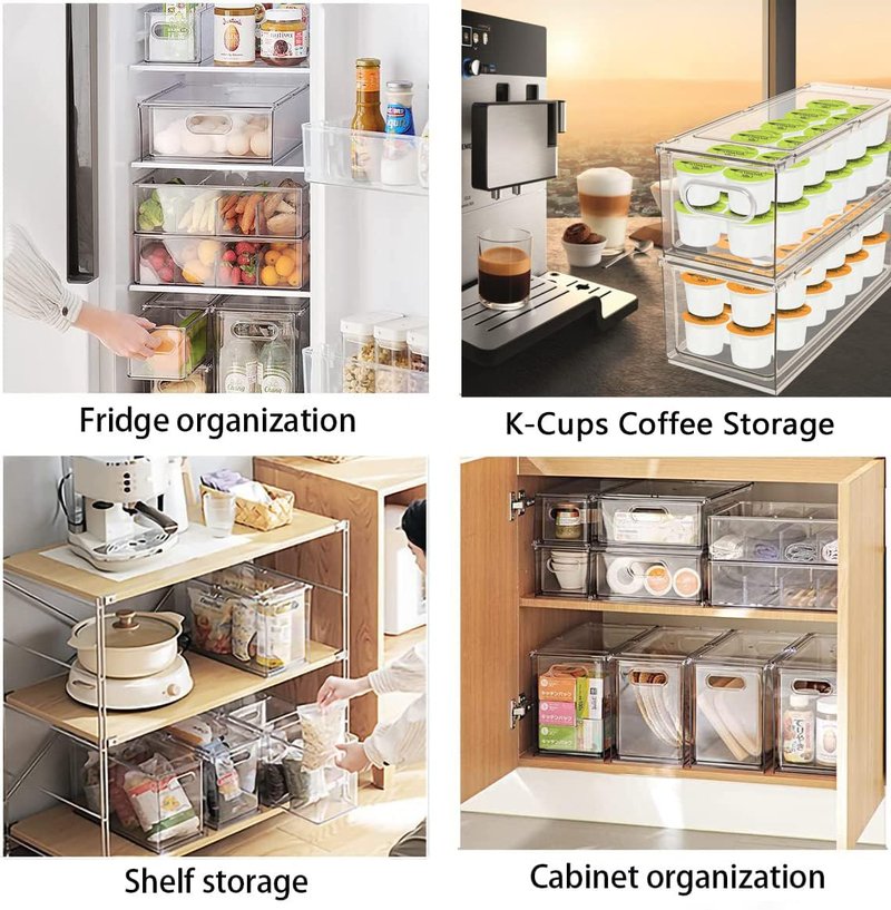 MANO Fridge Drawer Pull Out Stackable Bins with Handle Clear Refrigerator Drawers Organizer Food Storage Container Box with Dividers Plastic Produce Saver for Pantry, Cabinet, Kitchen, Clothes（4Pack）