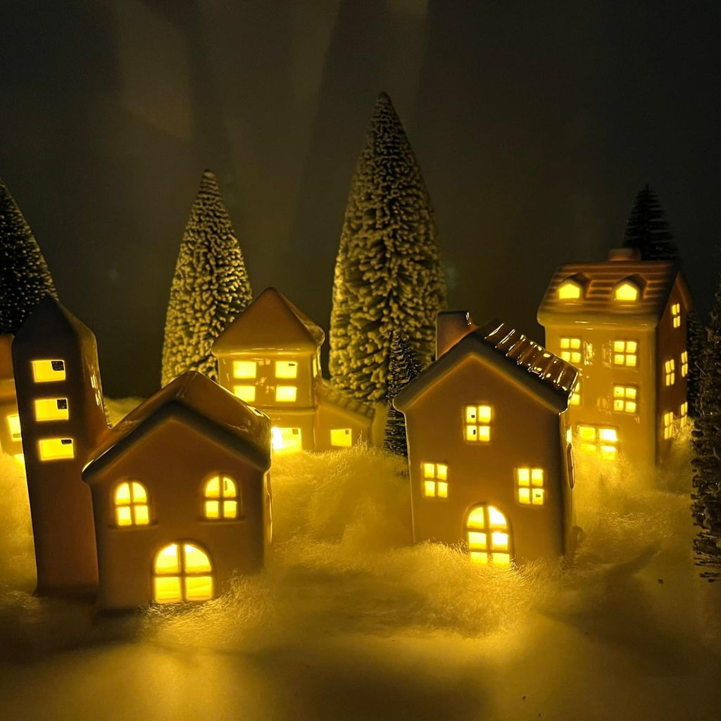 Regine Switzerland Ceramic Christmas Village Houses - 5 White Houses & 9 Trees with Fake Snow | Festive Indoor Decor for Home Table & Fireplace