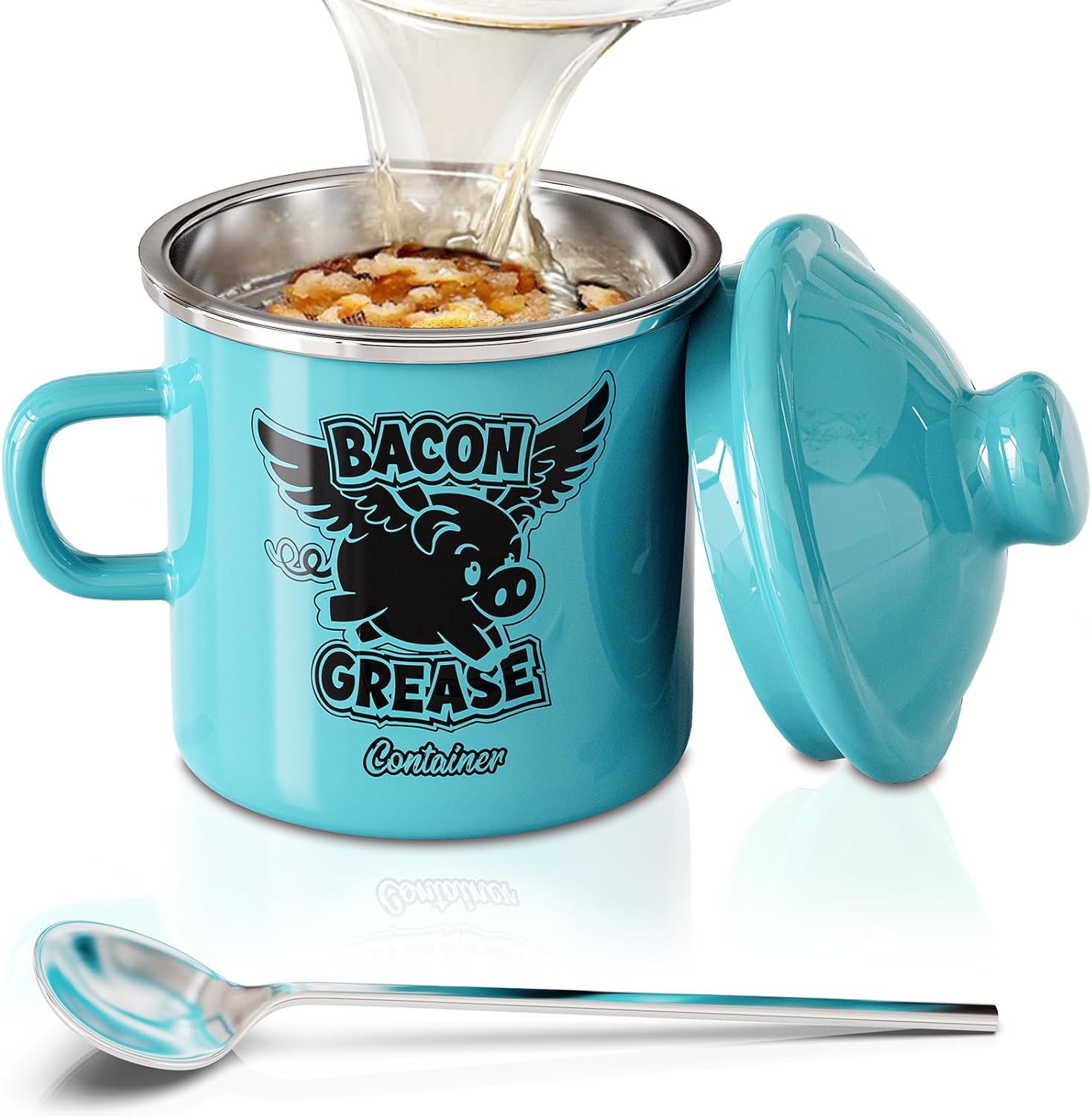PGYARD Mini Bacon Grease Container - 15oz Farmhouse Enamel Grease Saver in Light Blue