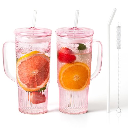 JunVpic Glass Cups with Lids and Straws,24oz Glass Tumbler with Handle Iced Coffee Cup for Coffee,Juice,Tea,Milk,Smoothie,Hot & Cold Drinks (Pink)