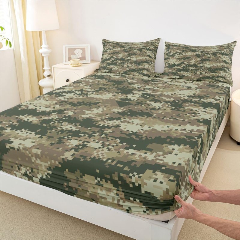 Green Camouflage Bed Sheet Set Queen Size,Geometric Abstract Army Camo Bedding Set for Kids Men Boys Adult Room Decor,Army Soldier Lovers Fitted Sheet Modern Top Flat Sheet with 2 Pillowcases