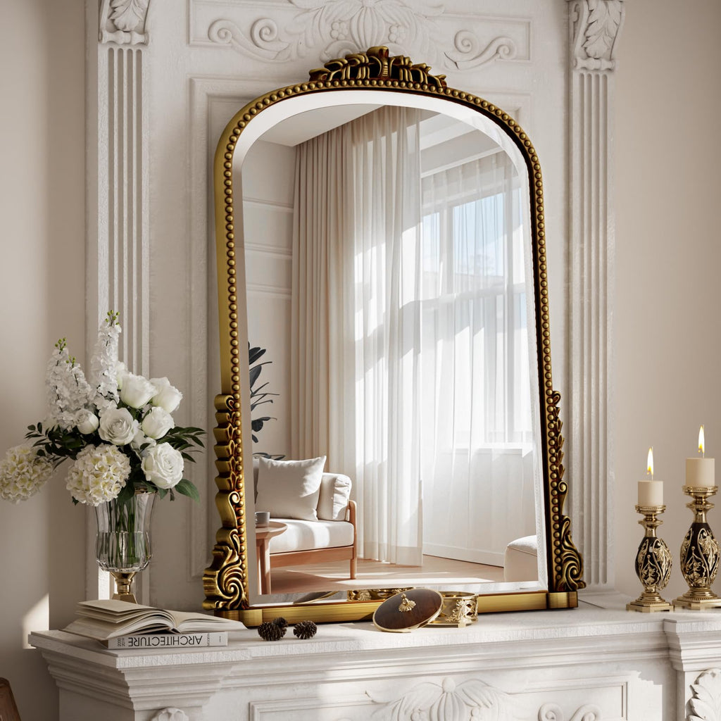 VETROVUE 32x24 Beaded Arched Mirror, Bathroom Mirror for Over Sink, Metal Frame Wall Decor for Entryway, Bedroom, Living Room, Gold