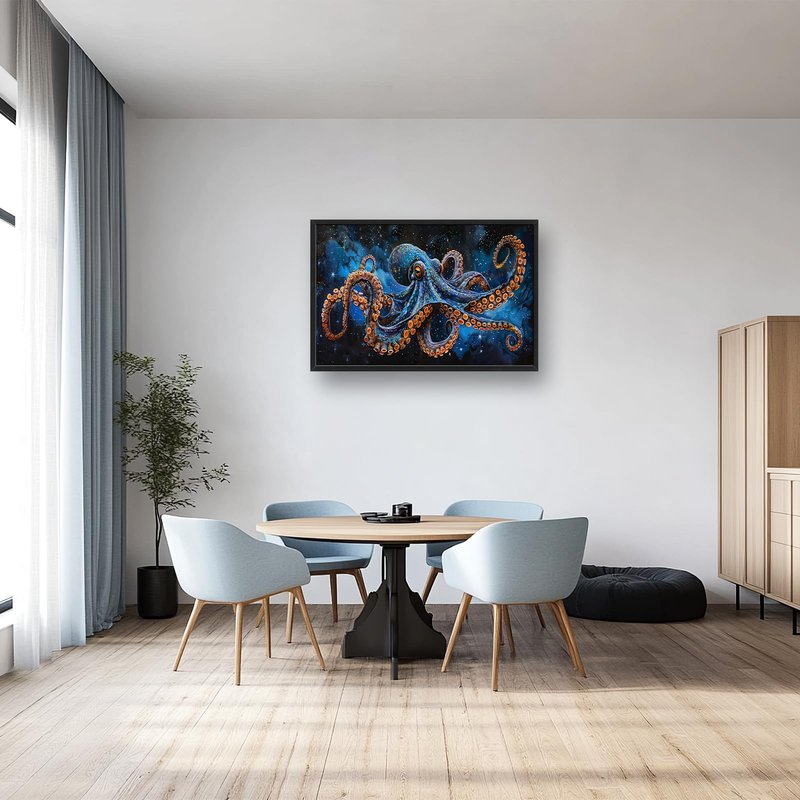 Octopus Wall Art Blue Space Octopus Pictures Wall Decor Galaxy Canvas Prints Framed Artwork Paintings Coastal Home Office Decorations for Living Room Bedroom Dinning Room 36"x24"