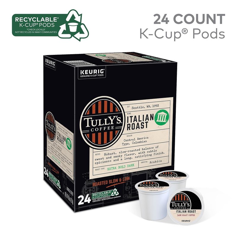 Tully's Coffee Italian Dark Roast Keurig Single-Serve K-Cup Pods, Dark Roast Coffee, 24 Count