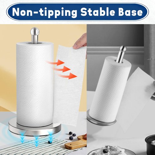 DAWNER Paper Towel Holder for Countertop, Easy One-Handed Tear, Stainless Steel, Weighted Base with Suction Cups, Non-Slip Paper Towel Stand for Kitchen, Bathroom, Brushed Nickel