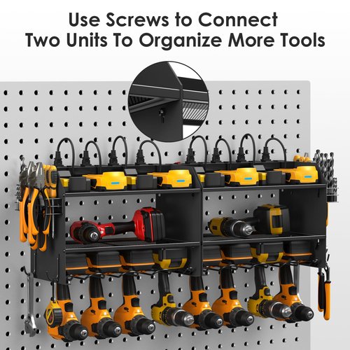 CCCEI Modular Power Tool Organizer Wall Mount Charging Station, Black 6 Drills Holder with 8 Plug Power Strip 10FT, Garage Drill Battery Heavy Duty Metal Shelf, Utility Rack with Hooks, Side Storage.