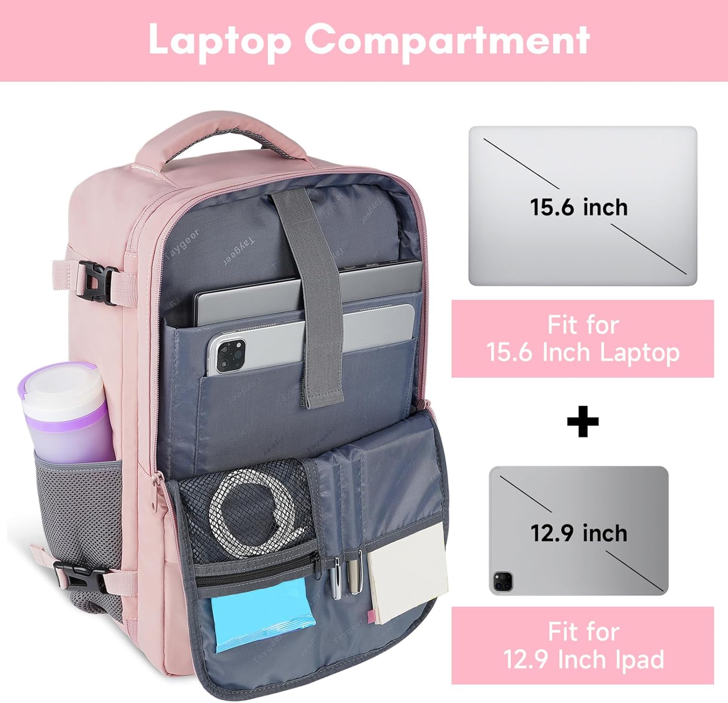 Taygeer Travel Backpack for Women - TSA-Approved 15.6" Laptop Bag with Water Bottle Pocket & Shoe Pouch | Pink