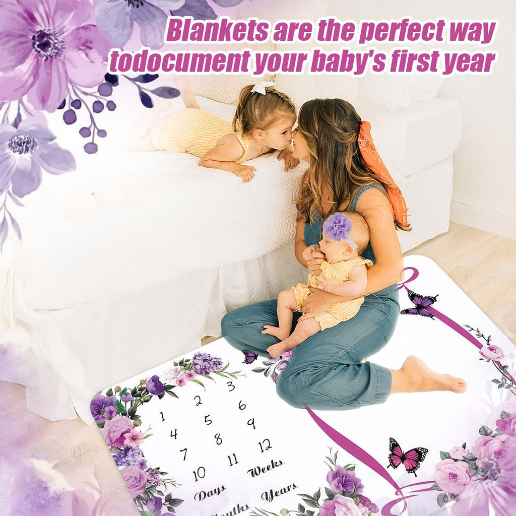 NCTDSUKAY Milestone Blanket for Baby Girl (Purple 60x40 Inches), with Photo Aid Frame, Saliva Towel, Erasable Writing Board, Hair Band, Documenting Growth。