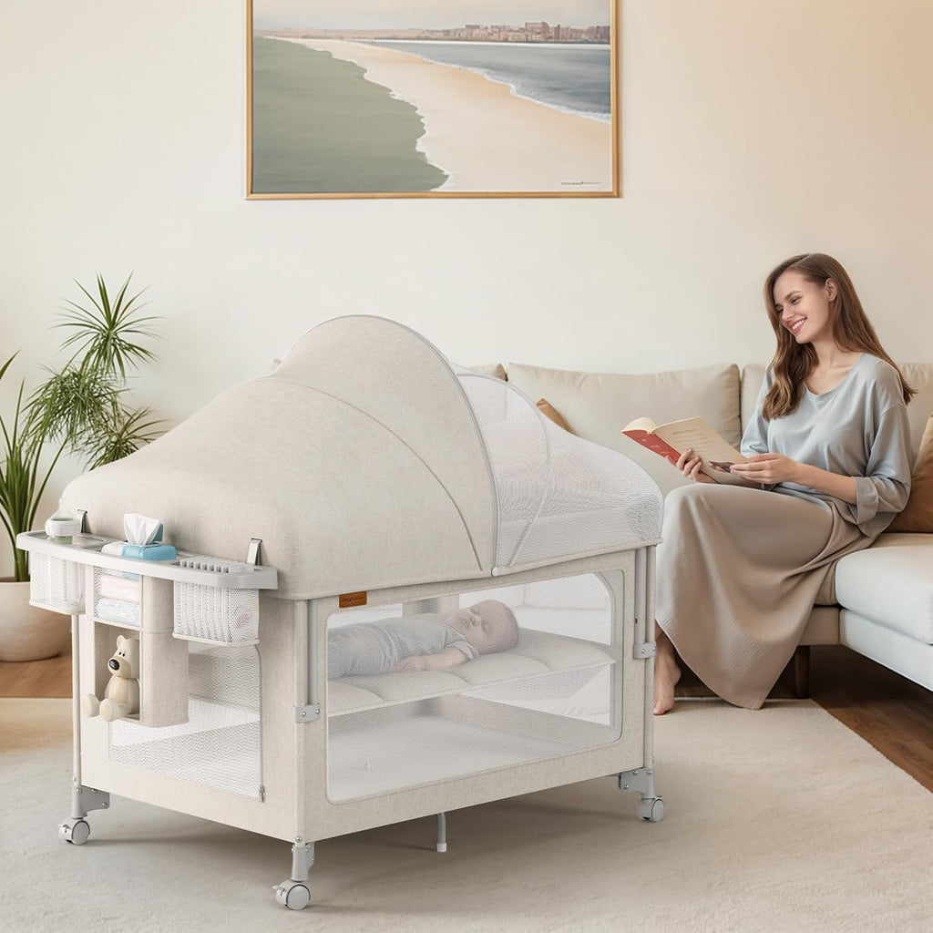 TinyGlow 4-in-1 Baby Bassinet - Portable Crib with Mattress & Mosquito Net | Easy Assembly & Travel-Friendly