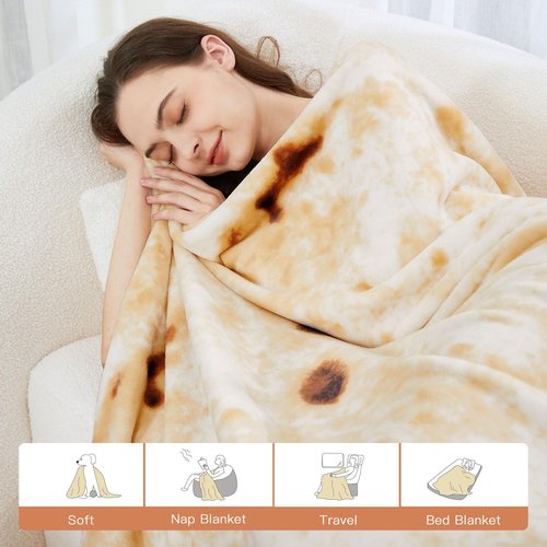 Admitrack Burrito Tortilla Blanket 60in, Double Sided Super Soft Flannel Throw, Gag Novelty Tortilla White Elephant Gift for Christmas Adults Kids Couples Parties
