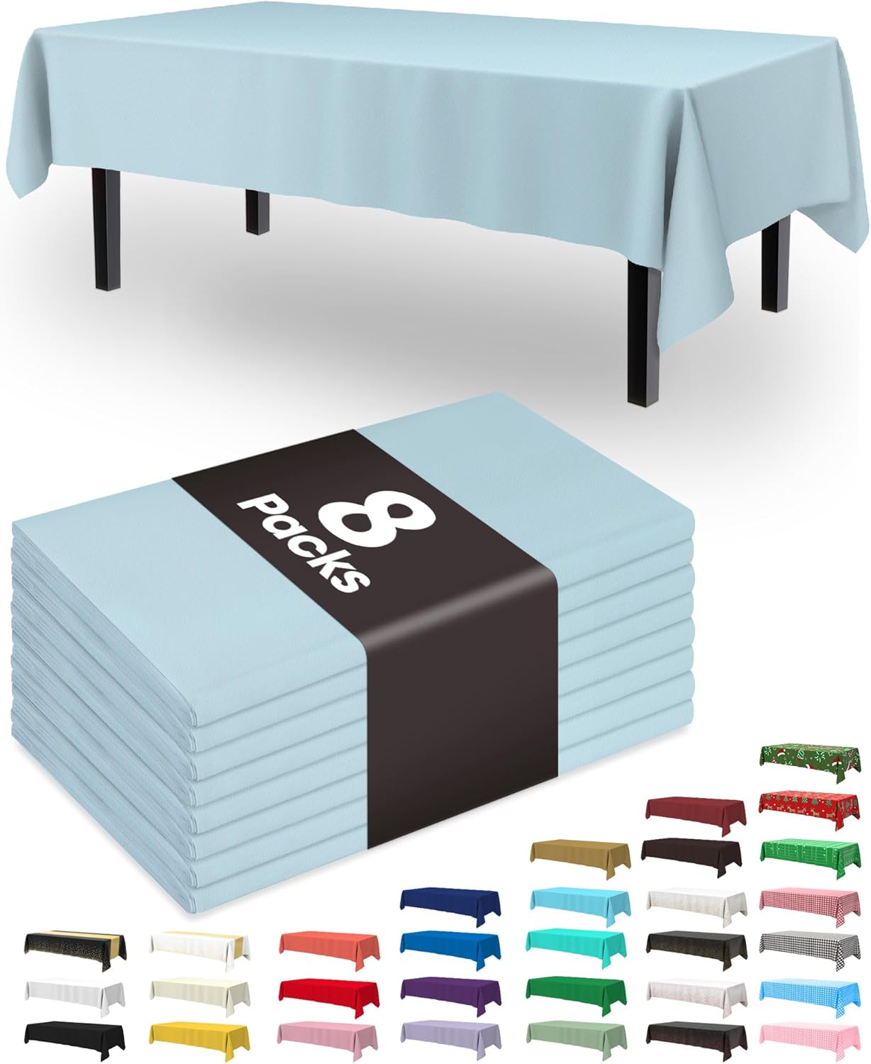 Pureegg Disposable Plastic Tablecloths - 8 Pack, 54 x 108 Inch, Leakproof & Sturdy, Baby Blue for Parties & Weddings