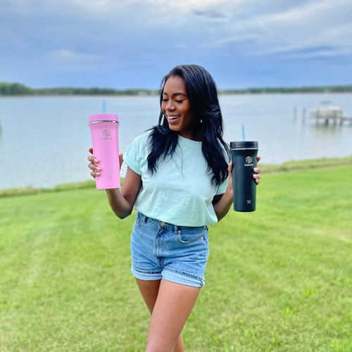 Takeya Straw Tumbler - For Coffee, Water & More - Durable with Built-In Silicone Coaster - Double Stainless Steel Insulation for Beverages - 32 oz, Pink Mimosa
