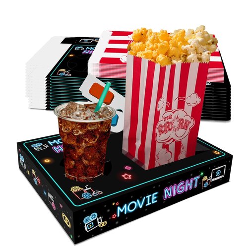 LSTAMOY Movie Night Supplies(24pcs)-Neon Style Movie Night Snack Trays*12+Popcorn Buckets*12,Kid's Birthday Party,Game Night,Movie Night Snack Trays with Popcorn Bags. (Neon)