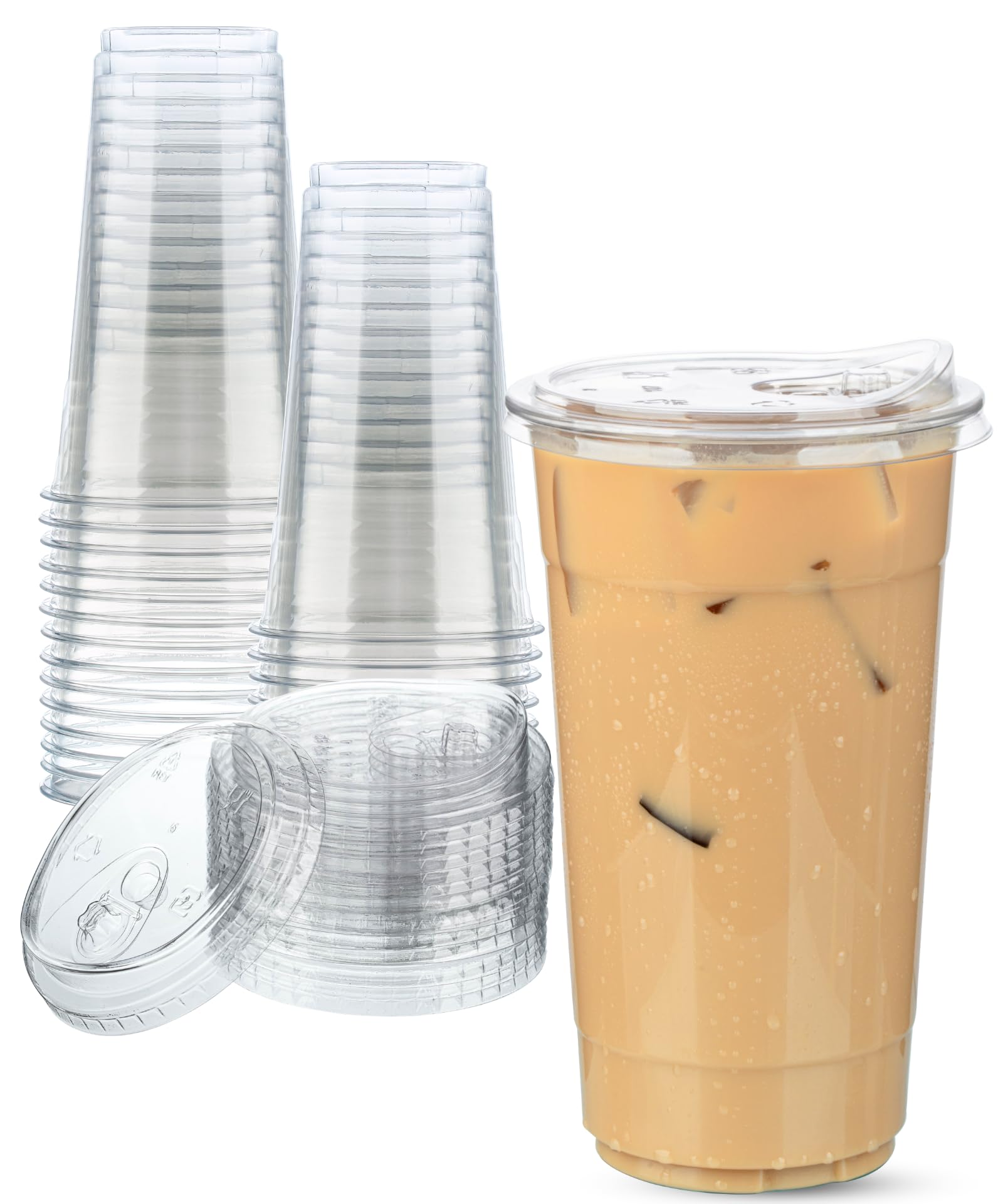 Aestleaf 32 oz Clear Plastic Cups with Lids, 25 Sets Disposable Plastic Iced Coffee Cups with Strawless Sip-Lids, To Go Coffee Cup for Smoothie, Milkshake, Cold Drinks