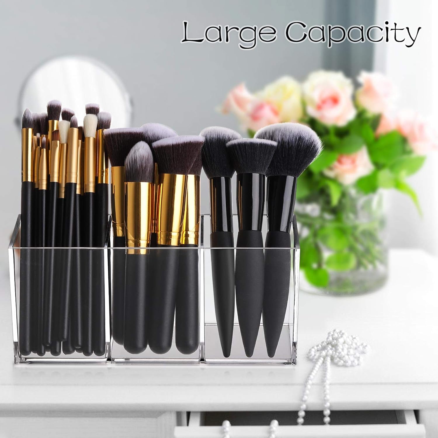 Tbestmax Makeup Brush Holder - Clear Cosmetic Organizer with 3 Slots for Vanity Storage