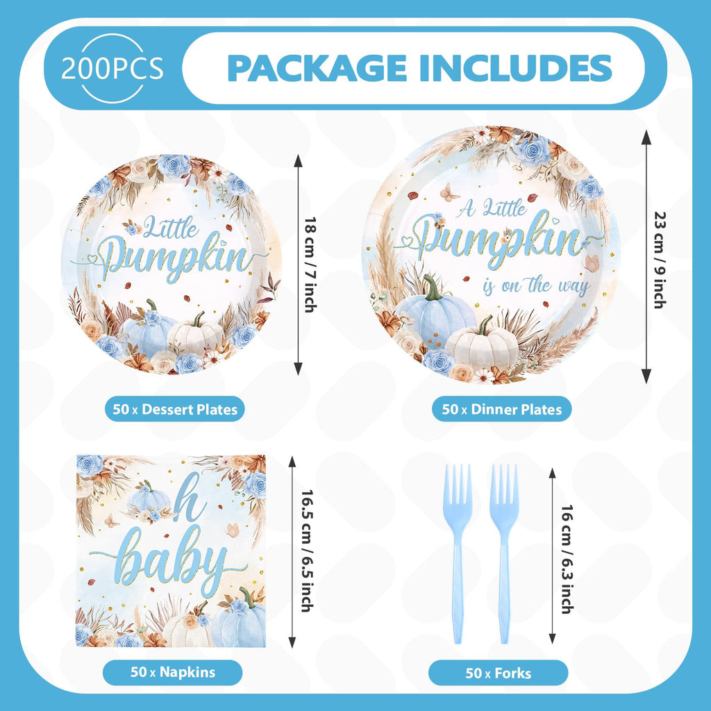200Pcs Fall Little Pumpkin Baby Shower Decorations Blue Pumpkin Plates and Napkins A Little Pumpkin is on The Way Boho Floral Tableware Set for Boy Baby Shower Fall Thanksgiving Party Supplies Serve50