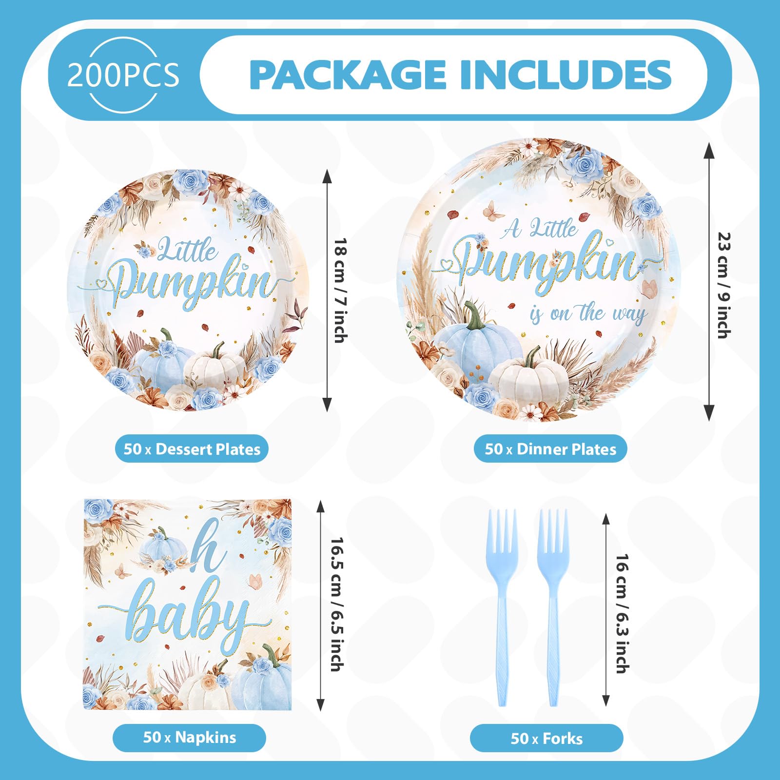 200Pcs Fall Little Pumpkin Baby Shower Decorations Blue Pumpkin Plates and Napkins A Little Pumpkin is on The Way Boho Floral Tableware Set for Boy Baby Shower Fall Thanksgiving Party Supplies Serve50