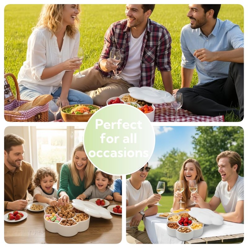 ZOOFOX Divided Serving Dish with Lid, Melamine Appetizer Tray with 7 Removable Compartment, Snacks Bowls for Chips and Dip, Veggies, Candy and Nut