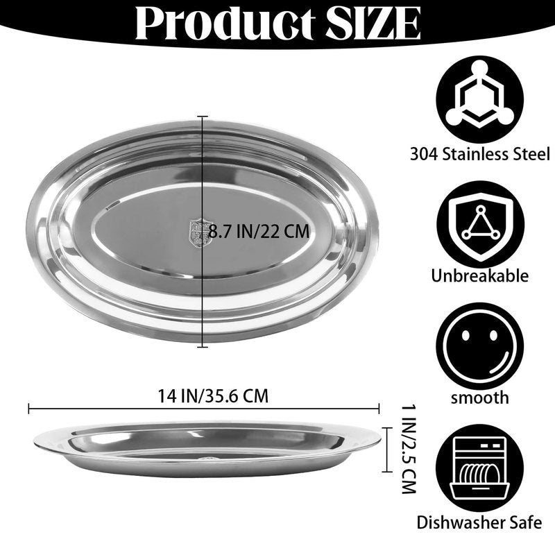 ZSDRTYU Stainless Steel Plates, 6 Pack Sizzle Platter Stainless Steel Oval Platter Metal Serving Tray For Steaming Fish Meat Sushi,14 X 8.7 Inch