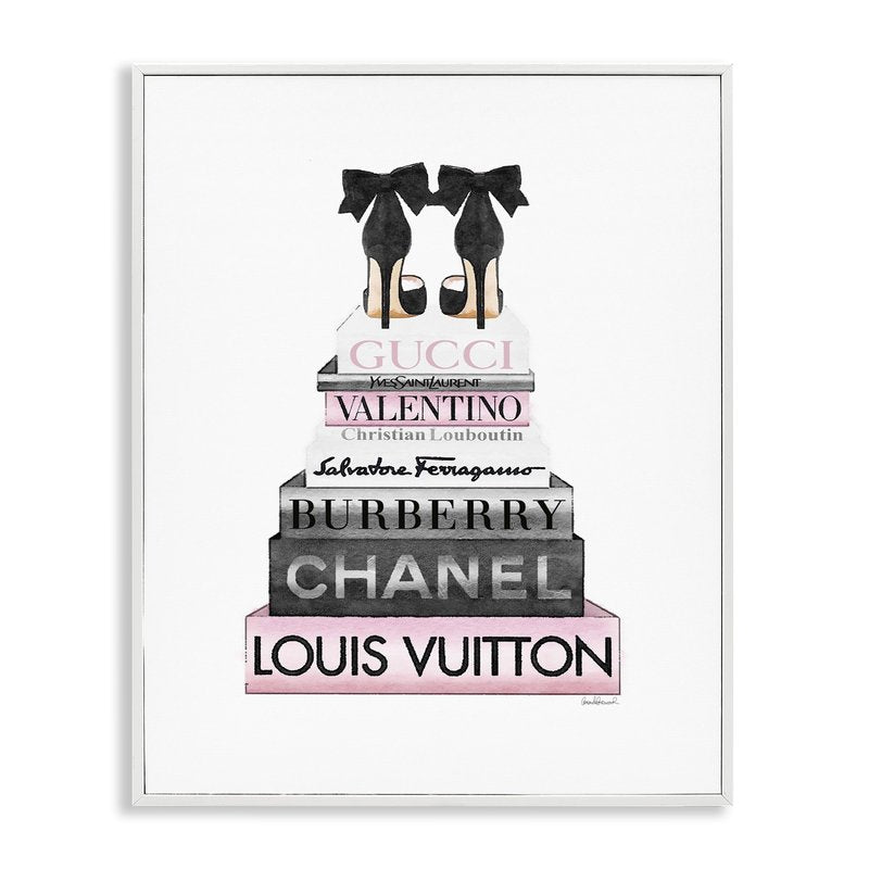Stupell Industries 'Black Heels Pink Bookstack', Framed Giclee Art, White, 11 x 14 Inches, Easy to Hang and Sturdy, Made in USA, by Amanda Greenwood