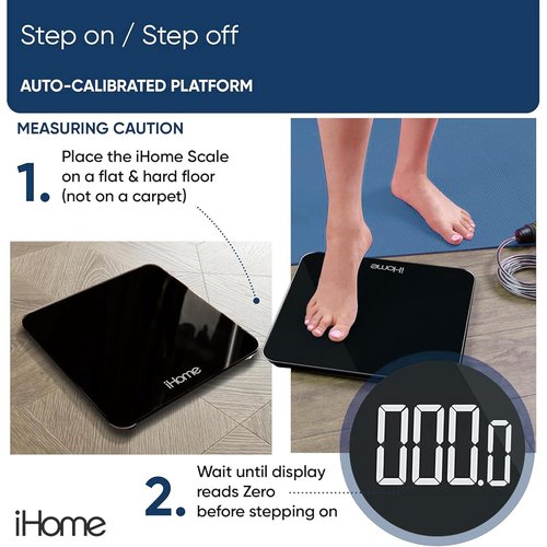 iHome Digital Scale - Accurate Bathroom Weight Scale with Batteries Included | Sleek Black Design