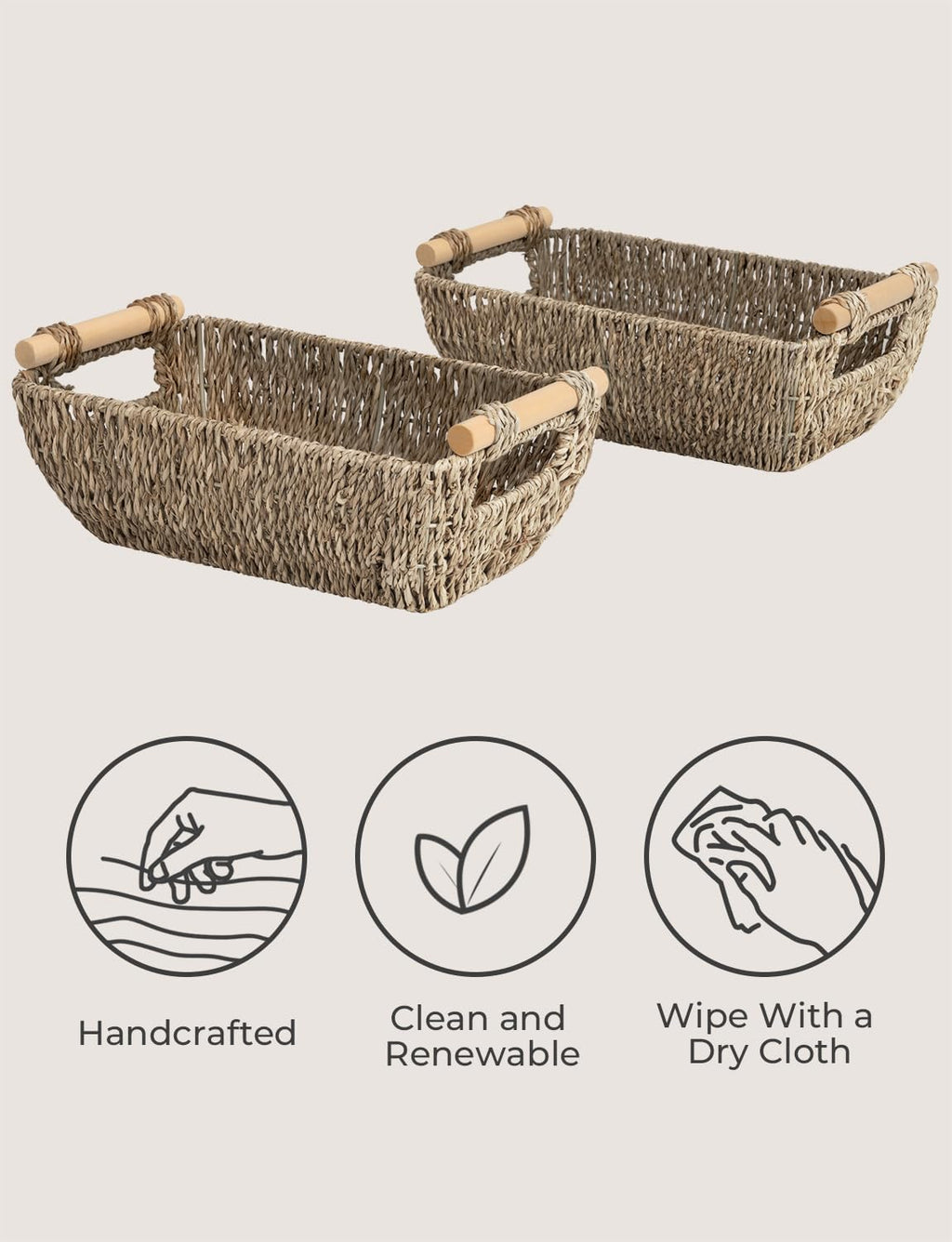 StorageWorks Seagrass Woven Baskets - Small Shelf Storage with Wooden Handles | 2-Pack