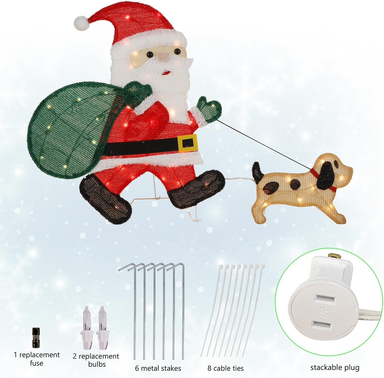 Waterglide Lighted Christmas Santa Claus with Puppy - 26.5 Inch Pre-Lit 2D Tinsel Outdoor Decor for Festive Holiday Display