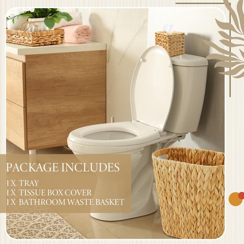 3 Pcs Bathroom Wicker Basket Set Wicker Trash Can Waste Paper Basket Rattan Tray Tissue Square Box Holder Bathroom Set Accessories for Bedroom Kitchen Office Spring Easter Boho Organizer Decoration