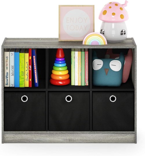 Furinno Basic 3x2 Cube Storage Bookcase - Stylish Organizer with Bins in French Oak Grey/Black