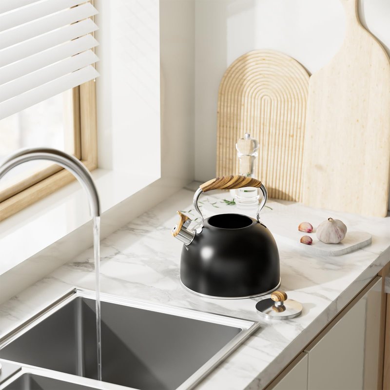 Chefbar 4.2 Quart Tea Kettle Stovetop Whistling for Stove Top Food Grade Stainless Steel Tea Kettles with Cool Wood Pattern Handle Black
