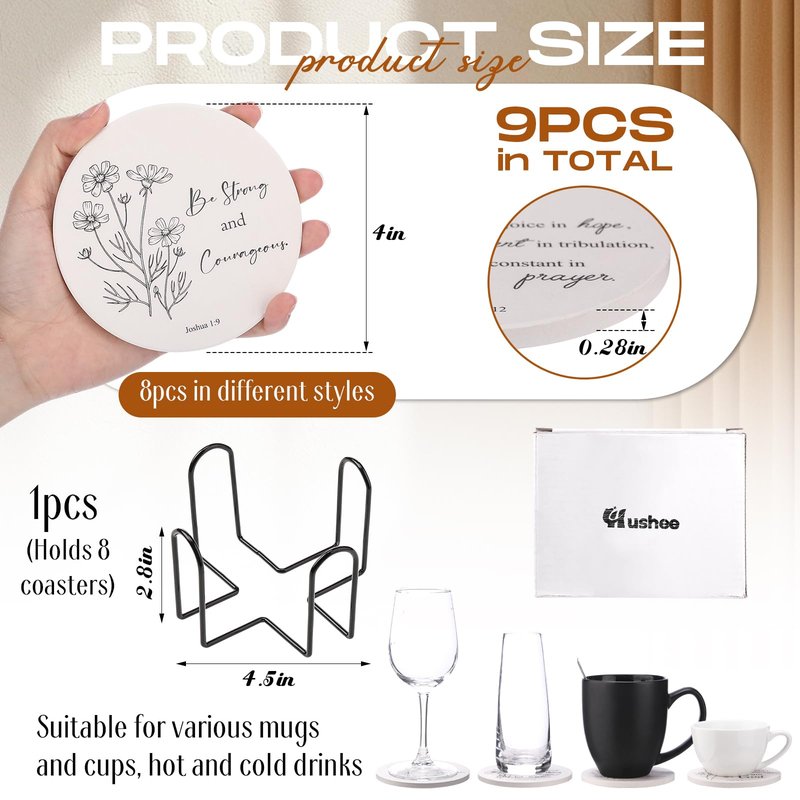 Hushee Set of 8 Christian Coasters with Bible Verses, Absorbent Ceramic Drink Coasters with Holder for Home Decor Table Protection Baptism First Communion Confirmation Gifts, 4 Inches(Floral)
