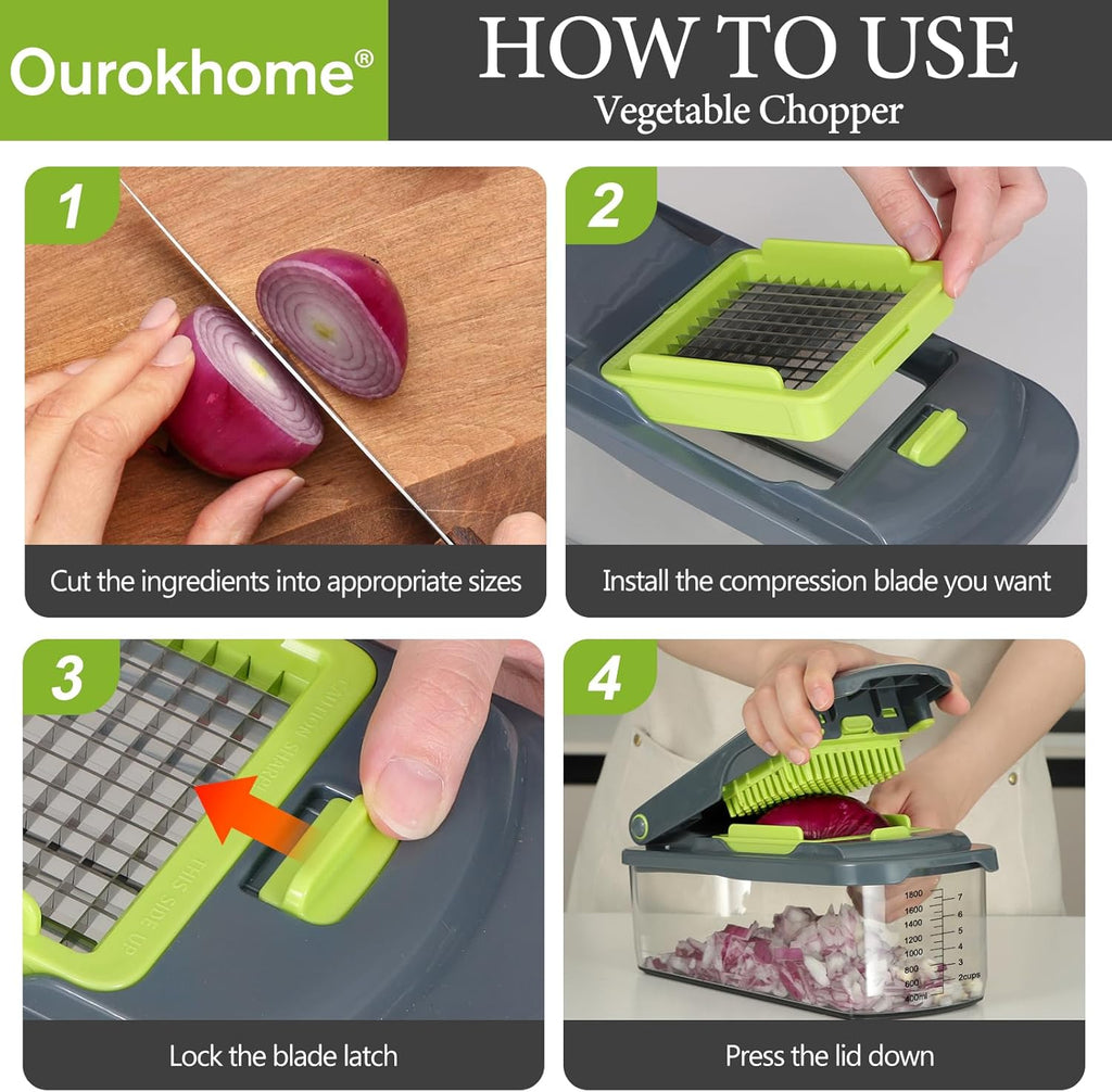 Ourokhome Manual Food Chopper & Mandolin Slicer - 8 Blades for Versatile Vegetable Dicing | Gray