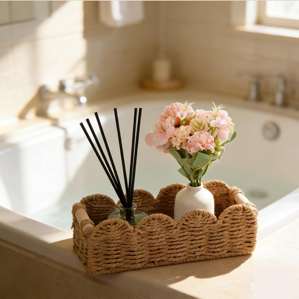 Regine Switzerland Paper Rope Storage Basket Set - Scalloped Design with Wooden Handles, Stylish Beige Organizers for Bathroom or Living Room