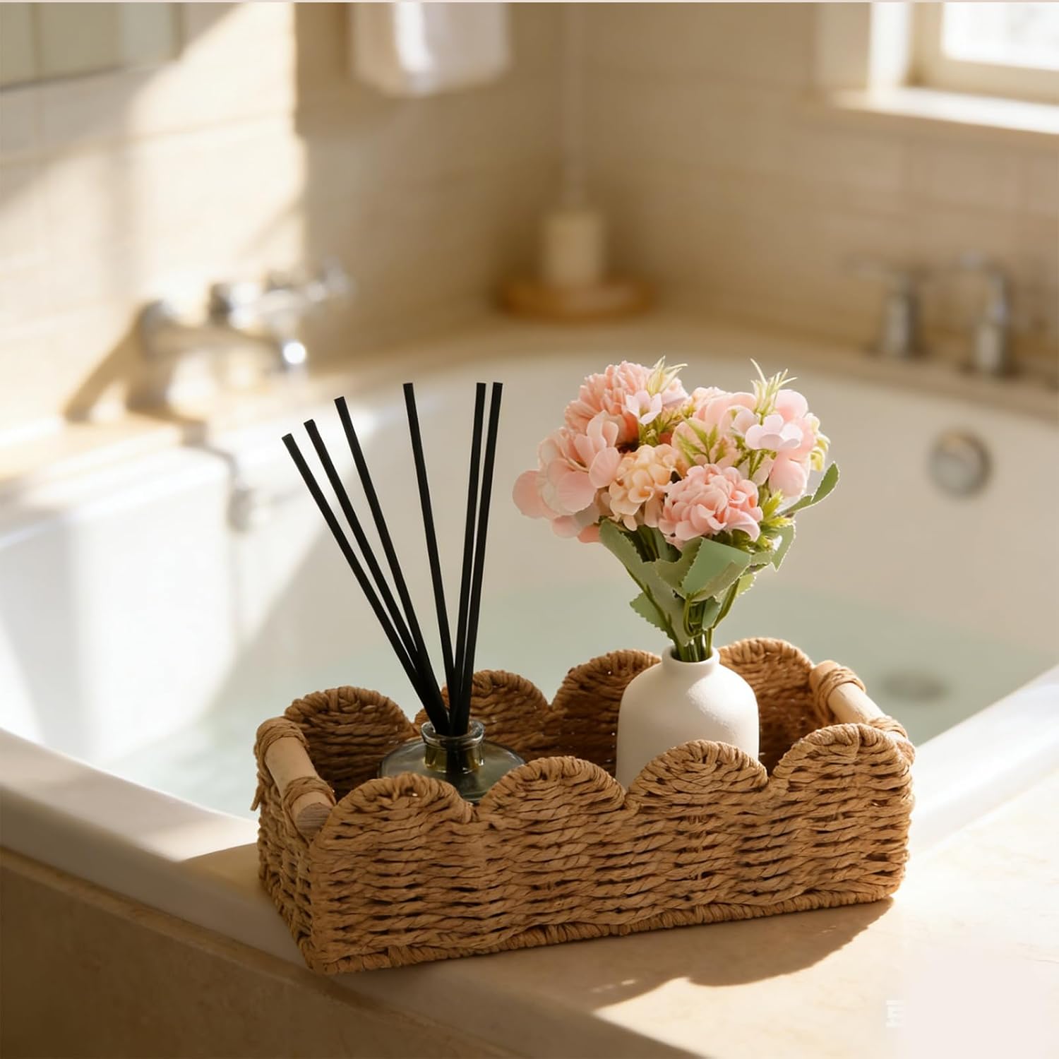 Regine Switzerland Paper Rope Storage Basket Set - Scalloped Design with Wooden Handles, Stylish Beige Organizers for Bathroom or Living Room