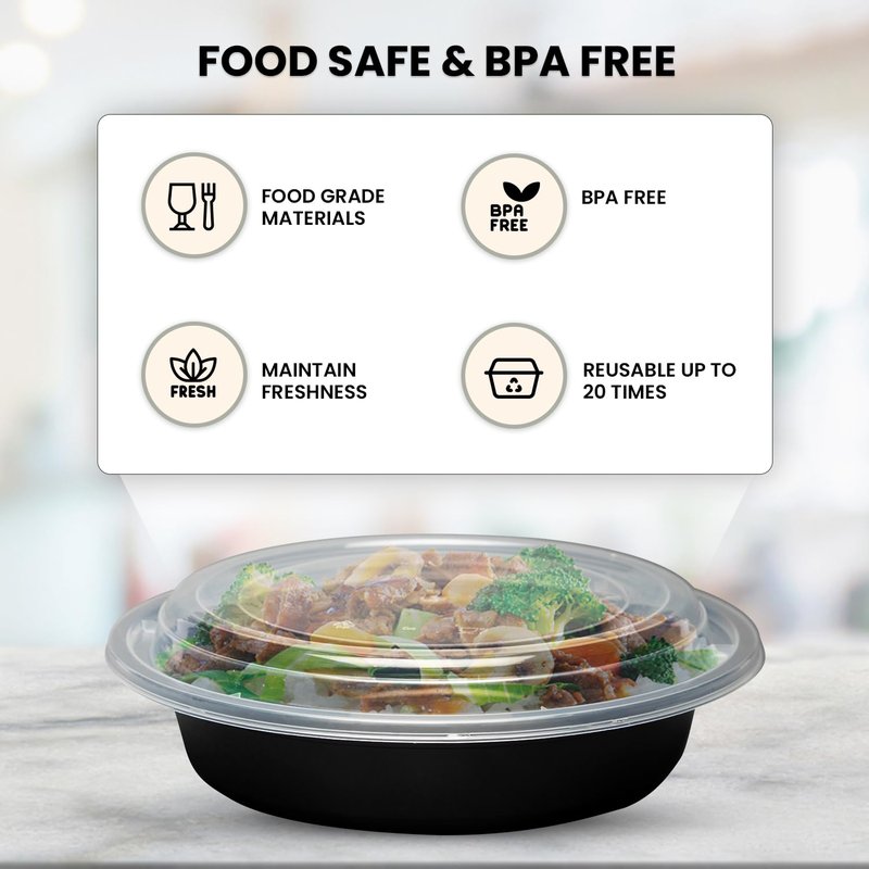Klex 12 Oz, 50 Sets Meal Prep Containers with Airtight Lids, BPA Free, Reusable Plastic Food Container, 12 oz, Round, Black/Clear, 50 Sets