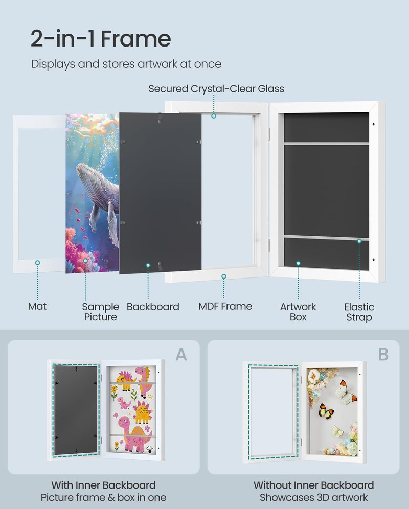 SONGMICS Kids Artwork Frames Changeable, Set of 2, A4, 8.5x11 Art Picture Frame Display for Room Decor, Each Storage up to 150 Drawings, with Mats, Stickers, Non-Trace Nails, Matte White URPF052W02
