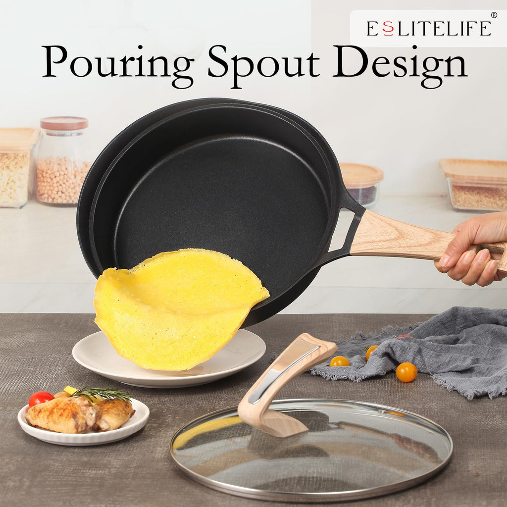 ESLITE LIFE Nonstick Deep Frying Pan Skillet Set with Lids, Healthy Granite Coating Egg Omelette Pan Stone Cookware Chef's Pan, PFOA Free(Black, 7-Piece)